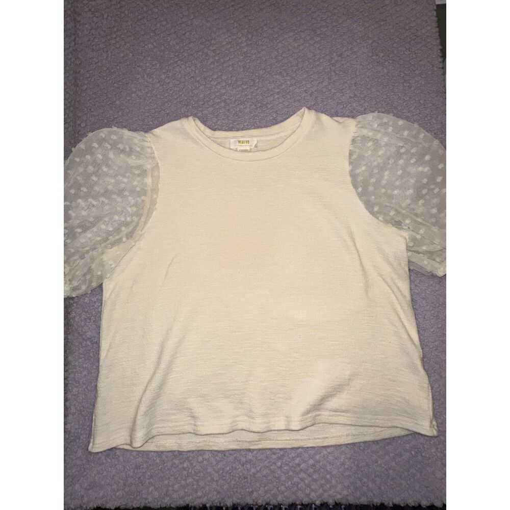 Maeve Anthropologie Cream Swiss Dot Puff Sleeve Knit Top Blouse Size XL